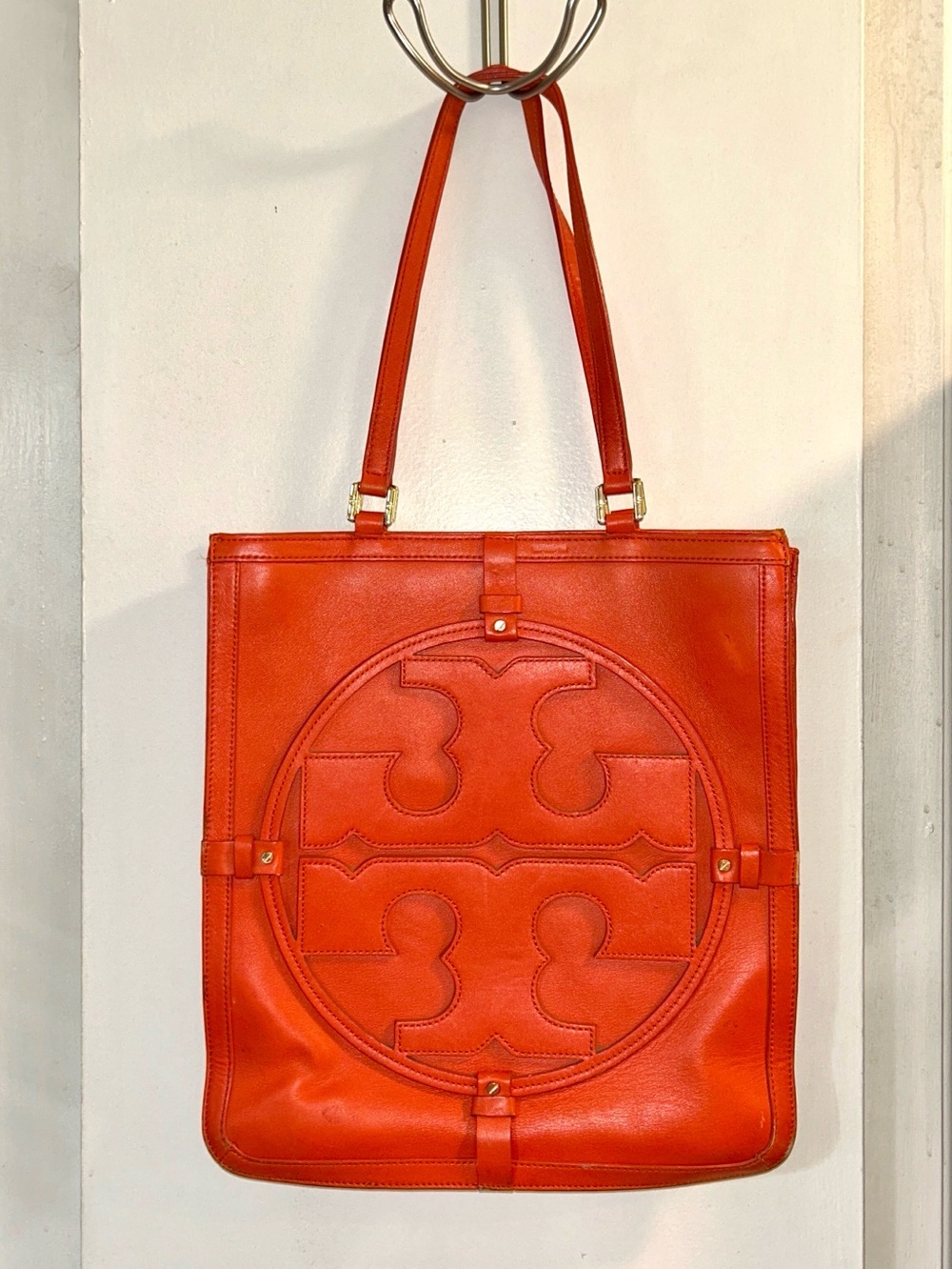 Tory Burch Women’s Orange Leather Tote with Signature Logo